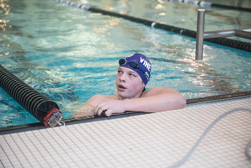 Oliver Dorr, eighth grade, swims during a home meet against Barnstable.