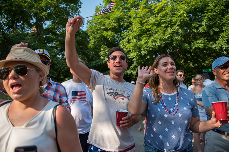 Parade onlookers cheer as the parade make its way through downtown Edgartown.