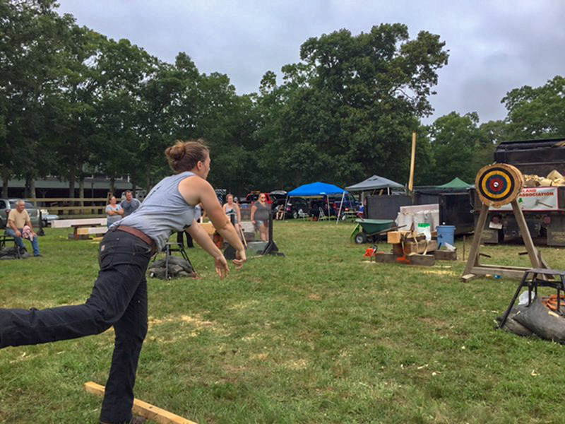 Bullseye for Amelia Aznive of Concord NH in women’s ax throwing.