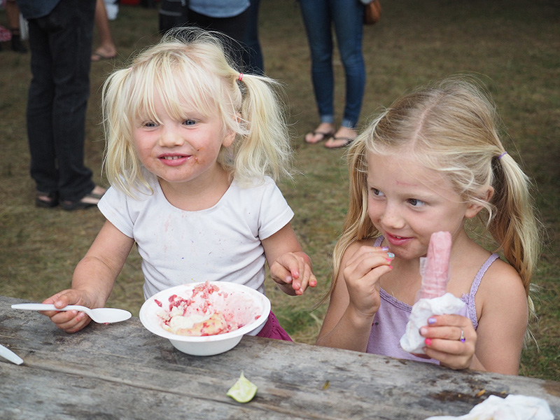 Audrey, left, and Zelda Binney enjoy strawberry shortcake and a popsicle.