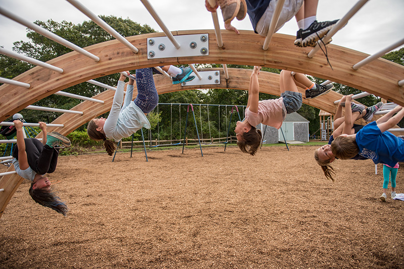 Chilmark School students hang from arched monkey bars during recess.