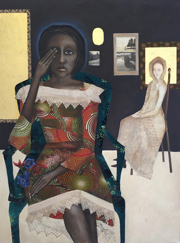 “Mirror” 30 x 40 inches, oil, gold leaf, fabric collage on canvas.