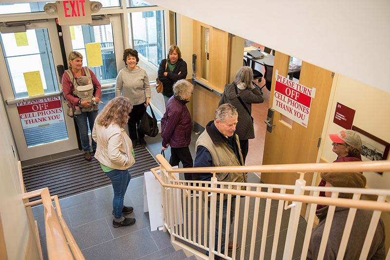 Tisbury Voters gather outside the polling place before voting opens at noon.