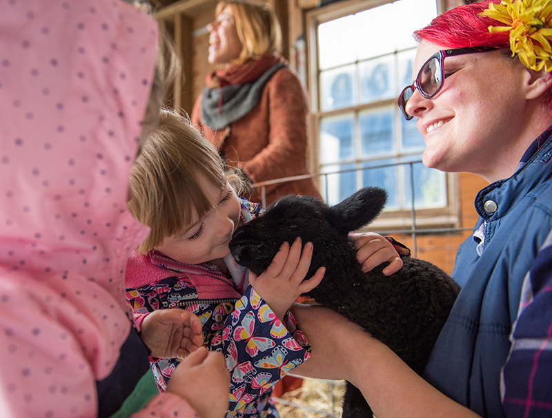 Regan Fischer, center, 2, kisses a lamb. Elizabeth Bonifacio at right.