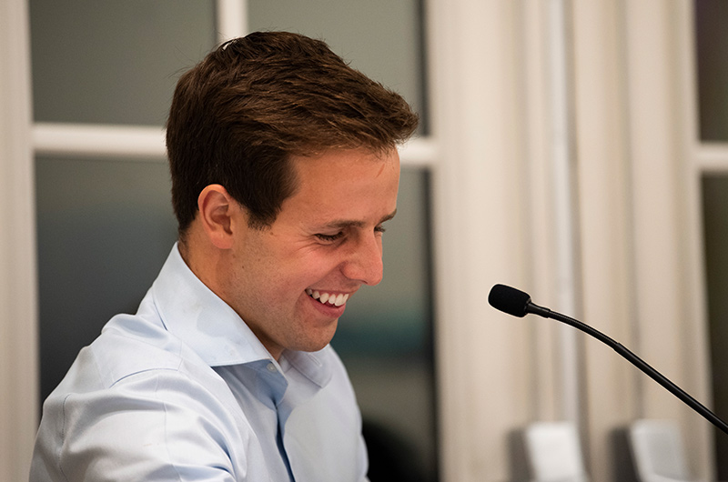 Nathaniel Brooks Horwitz laughs as McCullough tells an anecdote.