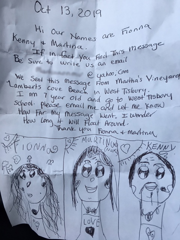 The message in the bottle written by West Tisbury second grader Fionna Boyd.