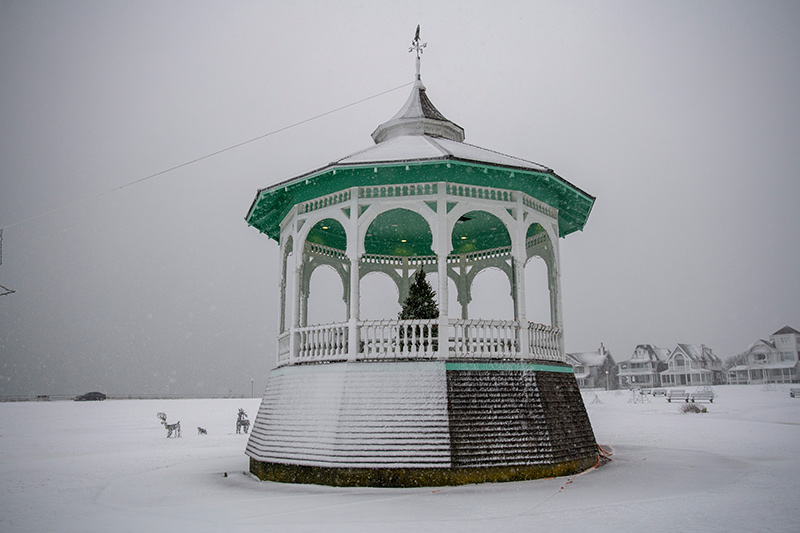 Snow coats the gazebo in Ocean Park.
