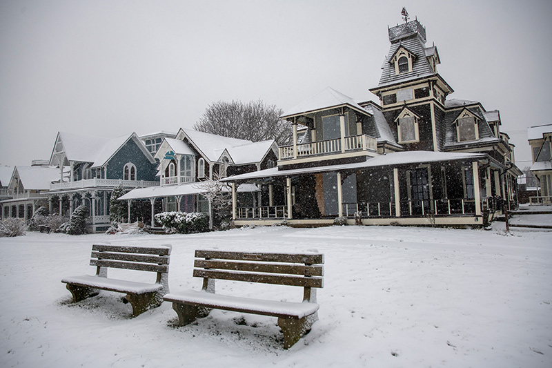 The cottages in Ocean Park were covered with snow.