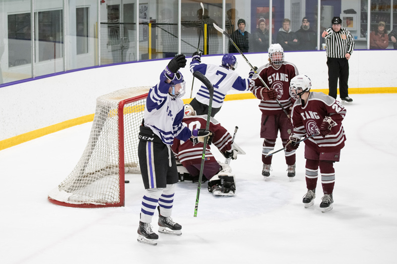 The Vineyarders celebrate their first goal of the game against Bishop Stang.
