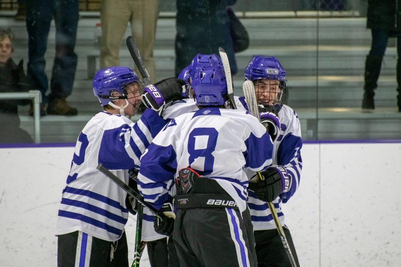The Vineyarders celebrate their first goal of the game against Bishop Stang.