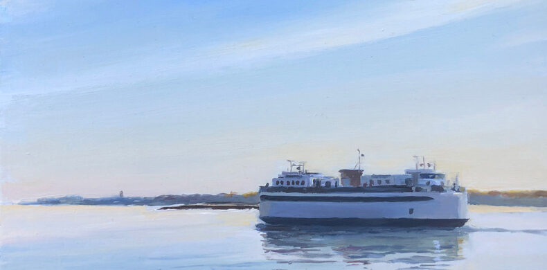 “Morning Ferry Ride on Islander” Oil on Panel, 6″ x 8″