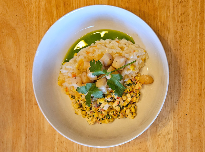 Martha’s Vineyard Bay Scallops with Risotto and Elote salad.
