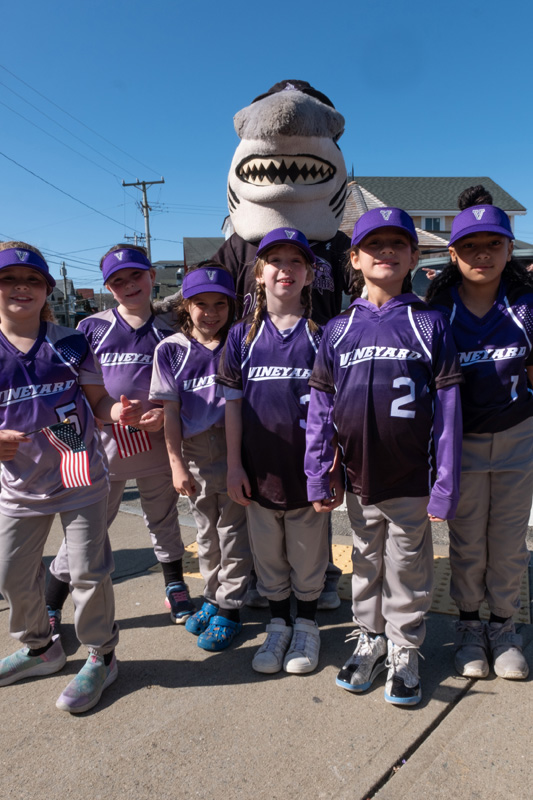 The Vineyard softball team had fun with Sharky the mascot (Marin Gillis).