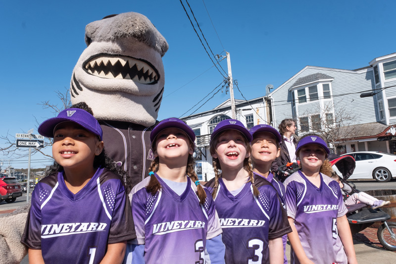 The Vineyard softball team had fun with Sharky the mascot (Marin Gillis).