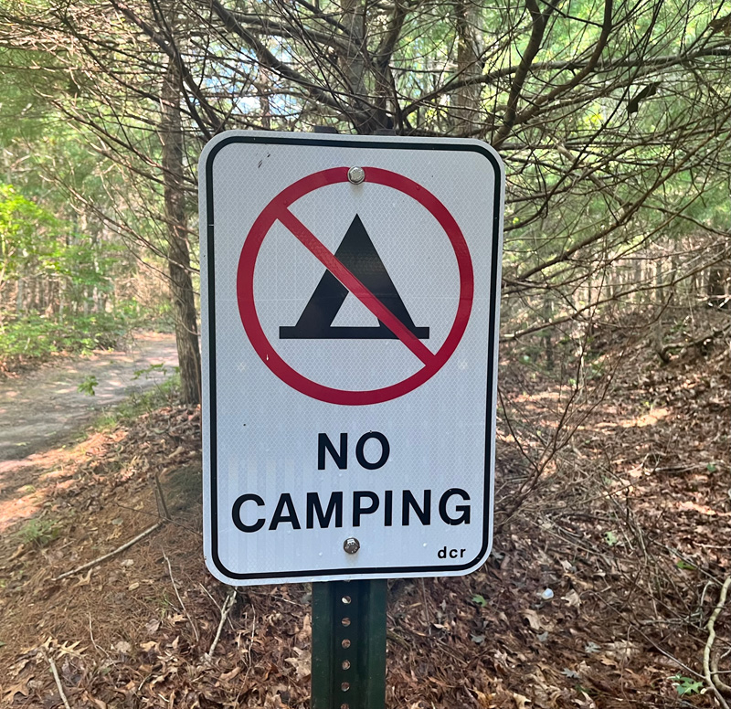A new sign near the entrance of the State Forest says, “No camping.”