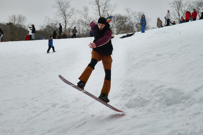Ogi Skipina tries his luck snowboarding in Vineyard Haven.