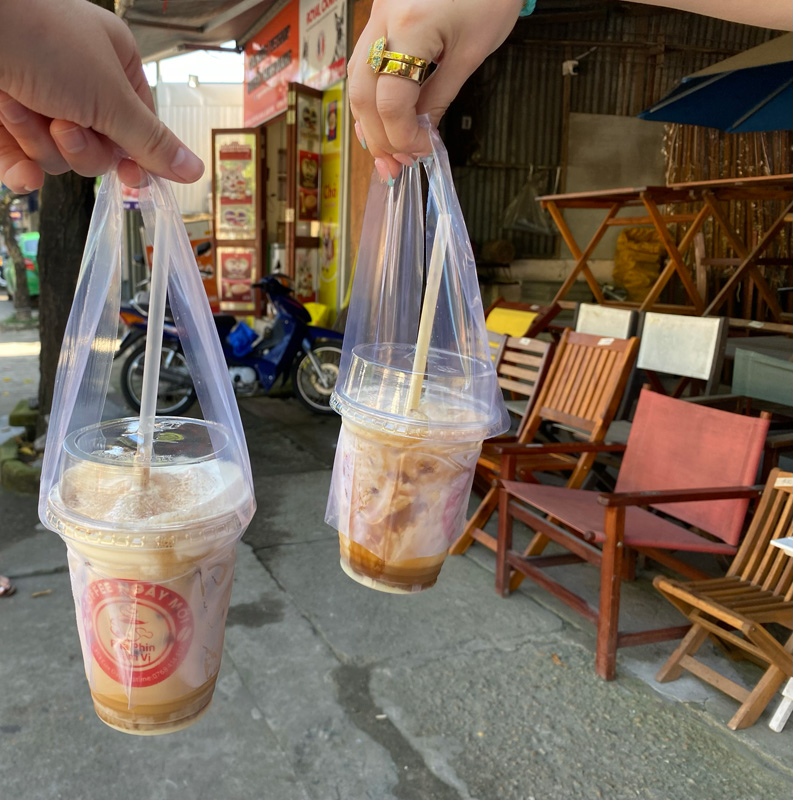 Iced milk coffee served at a roadside stand in Hoi An, Vietnam.