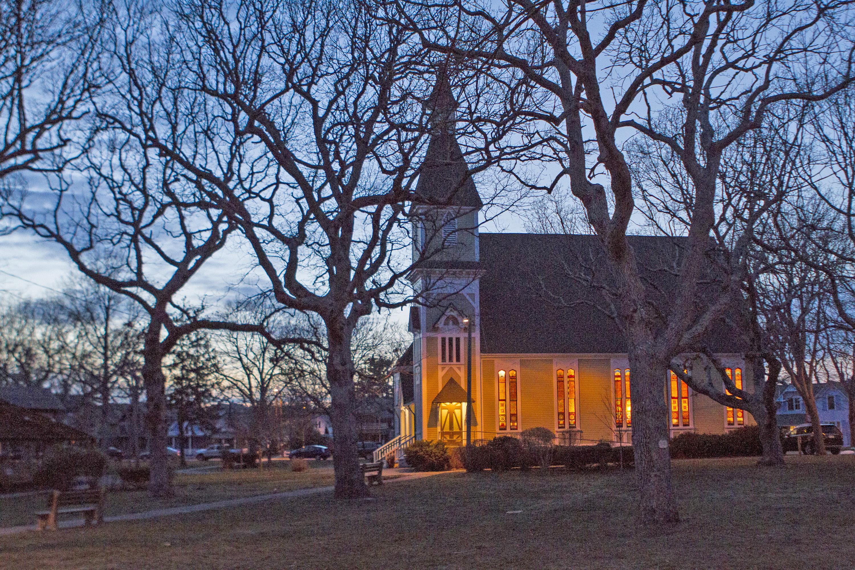 Night time settles in Oak Bluffs at Trinity United Methodist Church.