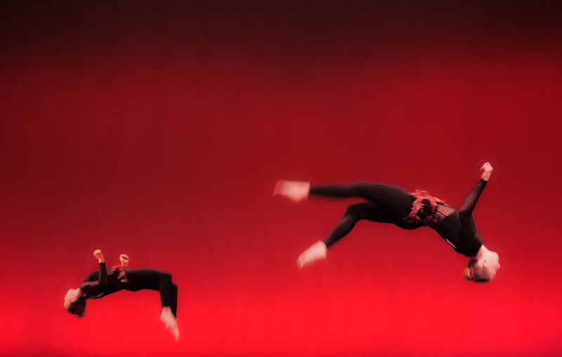Zoey Lunberg (right), and Avery Conley flip in “The Upside Down.”