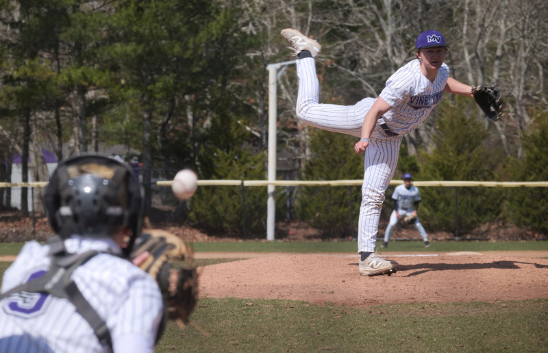 MVRHS senior Eli Bryant (No. 5) throws a strike against Nantucket.